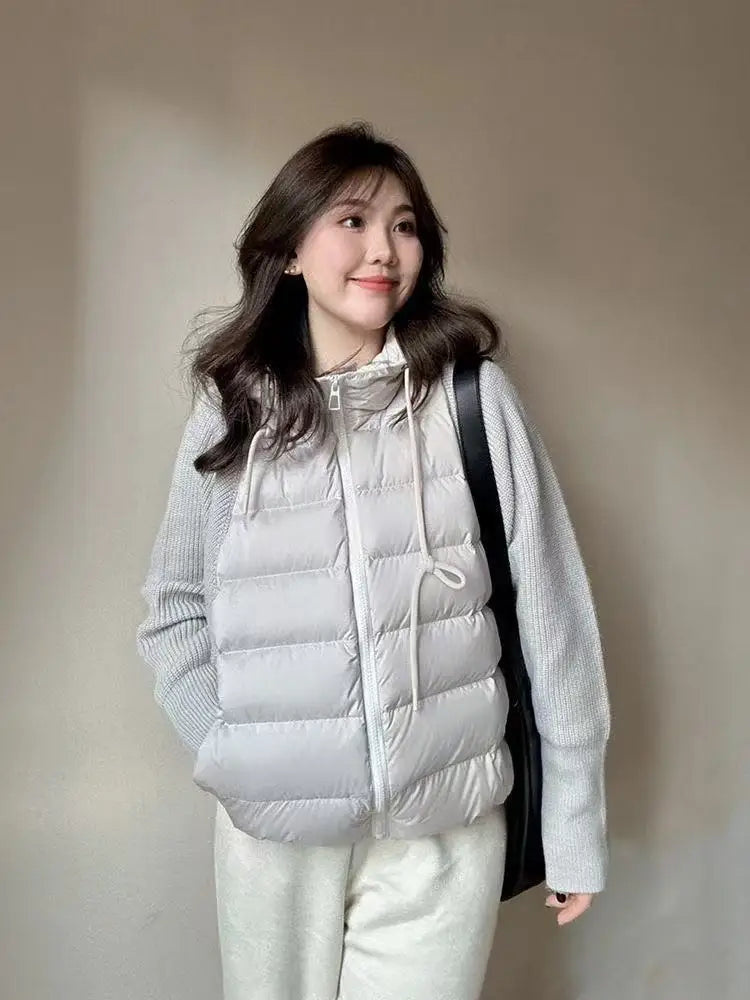 Women’s Knitted Splice Puffer Jacket – Warm Hooded Short Winter Coat