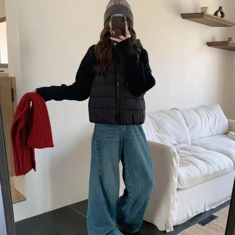 Women’s Knitted Splice Puffer Jacket – Warm Hooded Short Winter Coat