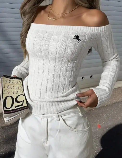 Women’s Off-Shoulder Knit Sweater – Elegant Slim Fit Long Sleeve Top