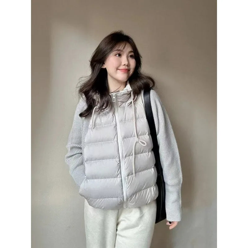 Women’s Knitted Splice Puffer Jacket – Warm Hooded Short Winter Coat