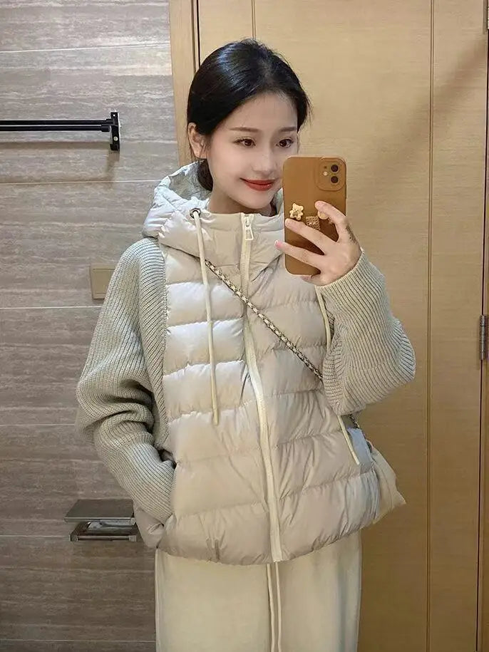 Women’s Knitted Splice Puffer Jacket – Warm Hooded Short Winter Coat