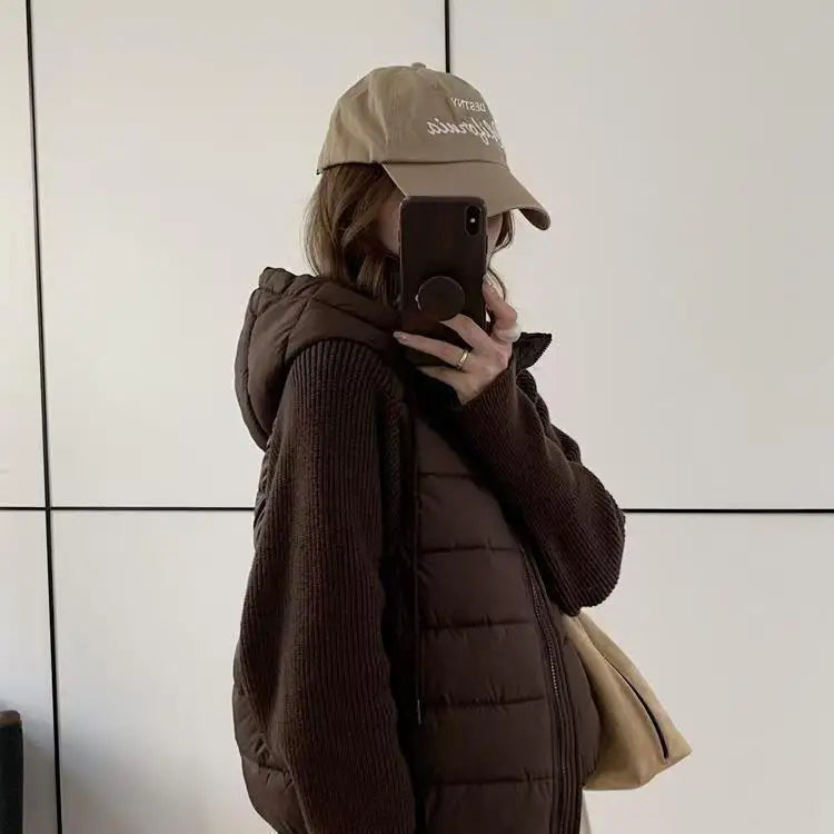 Women’s Knitted Splice Puffer Jacket – Warm Hooded Short Winter Coat