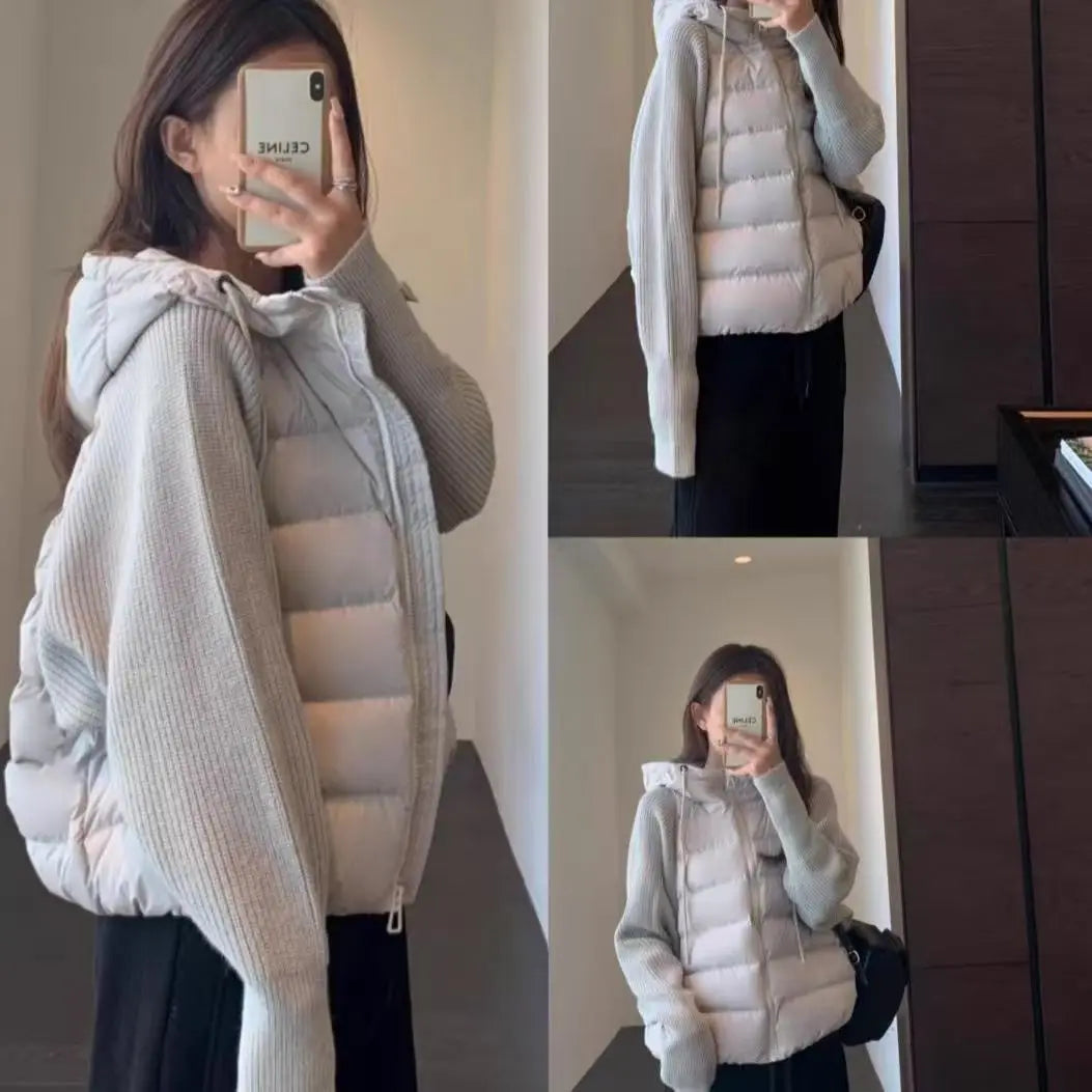 Women’s Knitted Splice Puffer Jacket – Warm Hooded Short Winter Coat