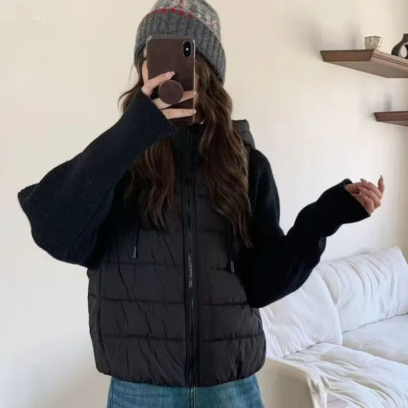 Women’s Knitted Splice Puffer Jacket – Warm Hooded Short Winter Coat