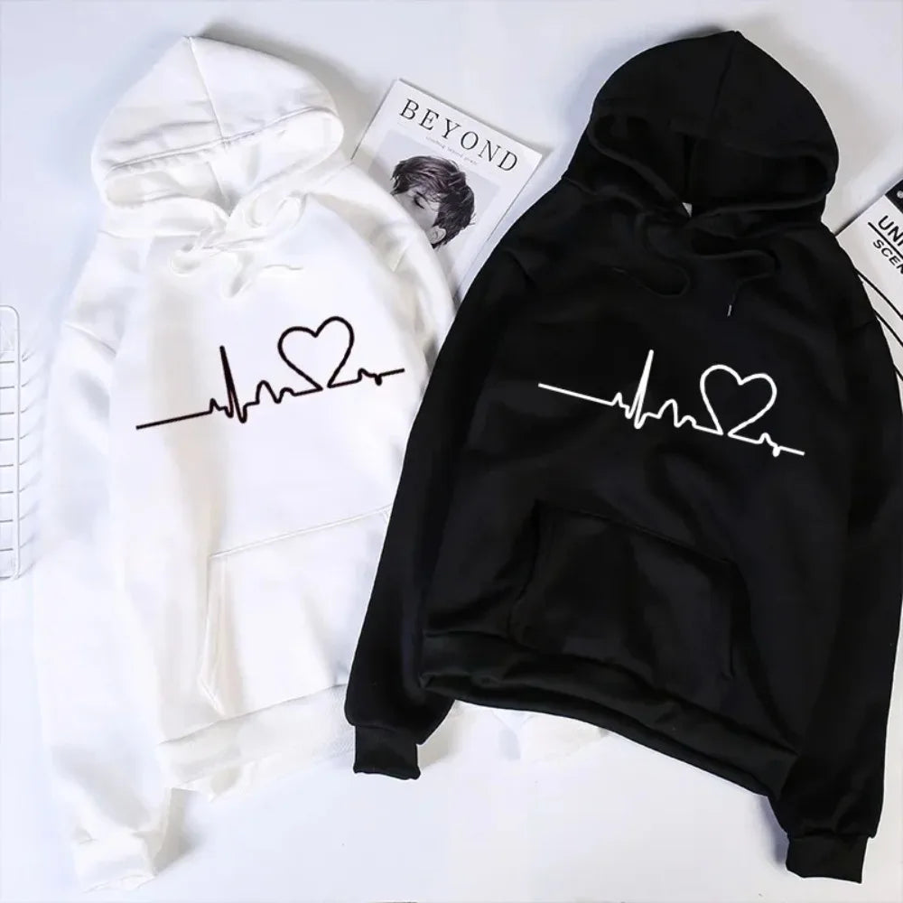 Heartbeat Print Casual Hoodies – Couple Sweatshirts