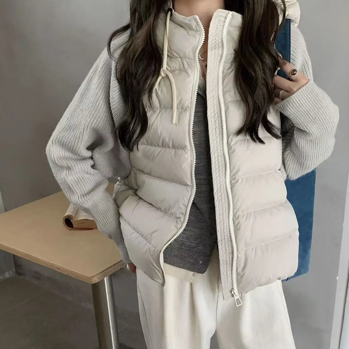 Women’s Knitted Splice Puffer Jacket – Warm Hooded Short Winter Coat