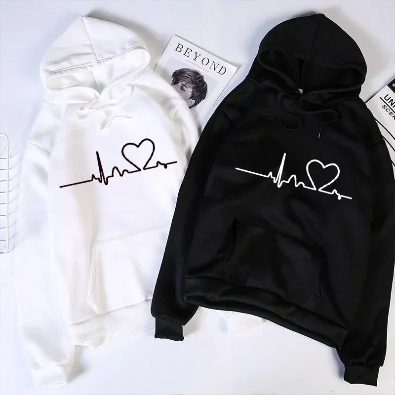 Heartbeat Print Casual Hoodies – Couple Sweatshirts