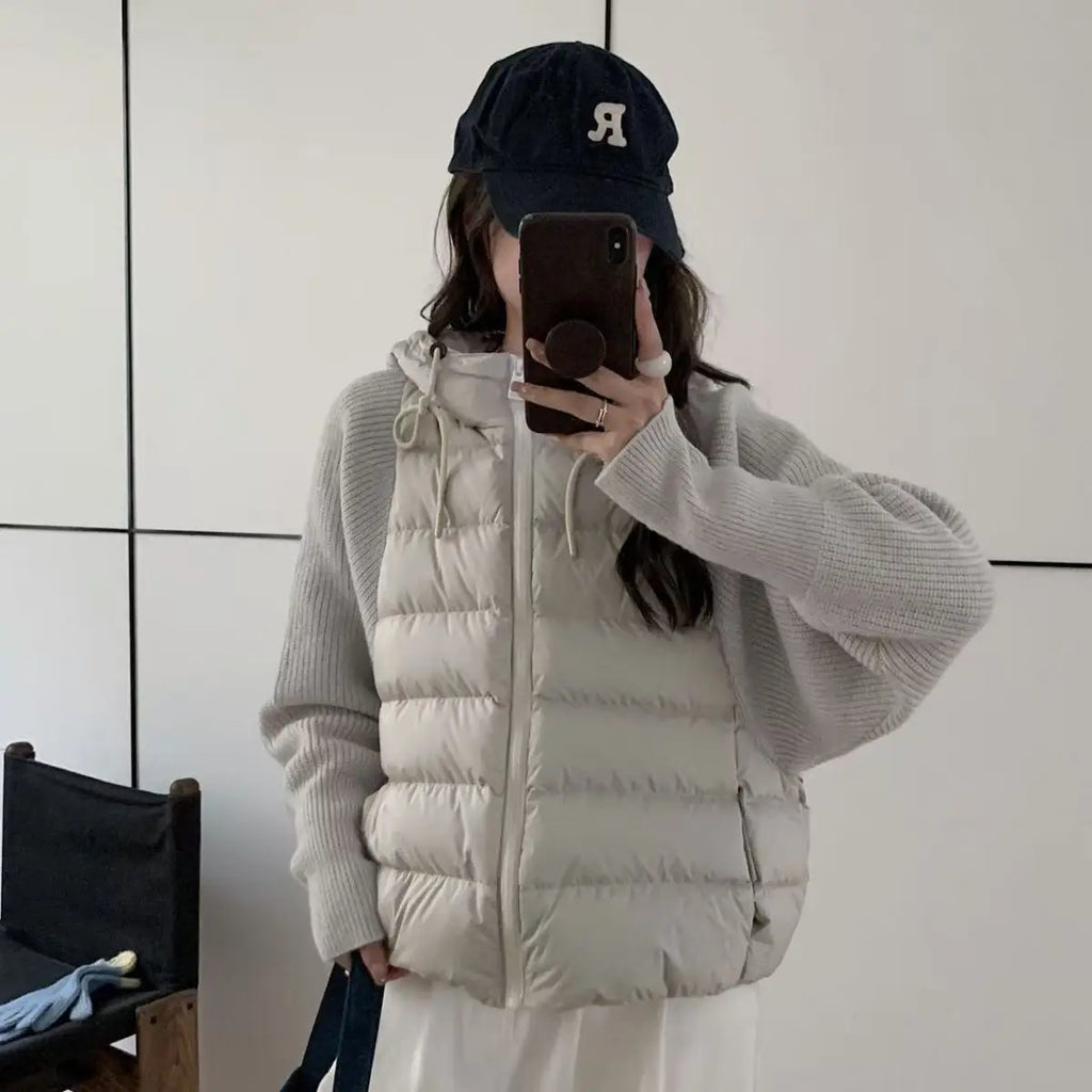 Women’s Knitted Splice Puffer Jacket – Warm Hooded Short Winter Coat