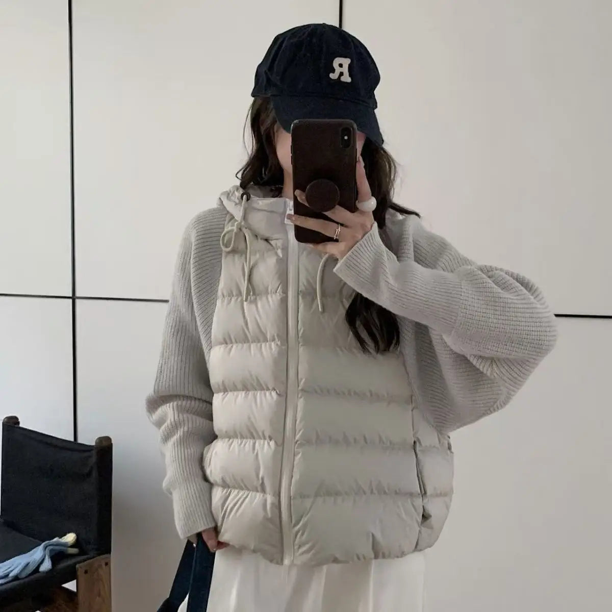 Women’s Knitted Splice Puffer Jacket – Warm Hooded Short Winter Coat