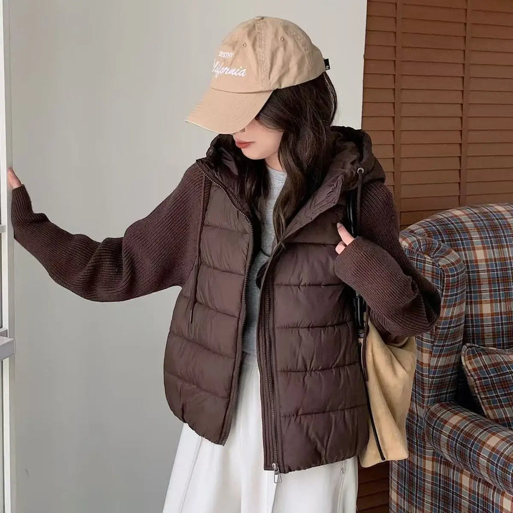 Women’s Knitted Splice Puffer Jacket – Warm Hooded Short Winter Coat