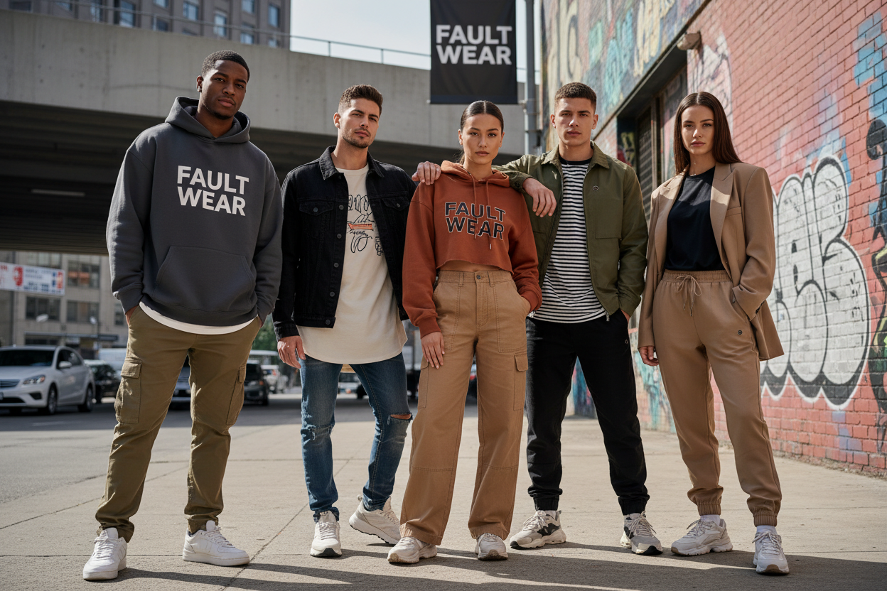group of 4-5 models wearing faultwear brand clothing